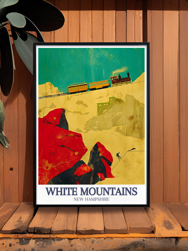 White Mountains Travel Poster highlights the best of New Hampshires natural beauty, from the rugged Mount Washington to the calming waters of The Basin. This travel poster is a great way to commemorate your adventures in the White Mountains.