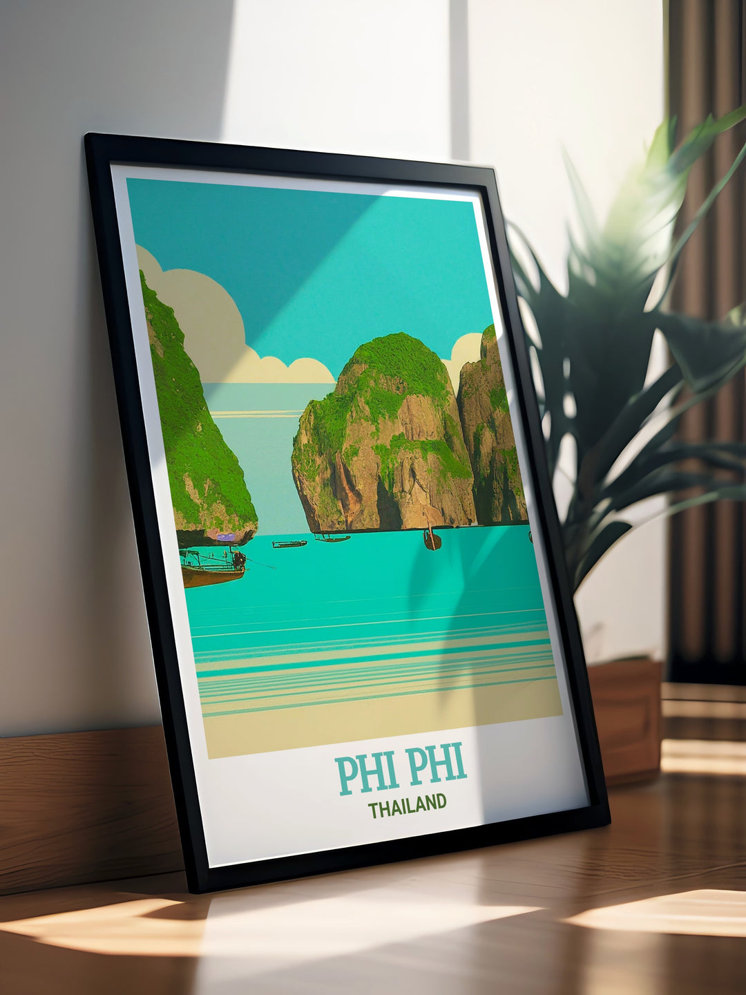 Phi Phi Islands wall print capturing the iconic Maya Bay in Thailand, known for its dramatic cliffs, turquoise waters, and tranquil beaches. This travel poster is ideal for anyone looking to add a touch of natural beauty and serenity to their home décor.