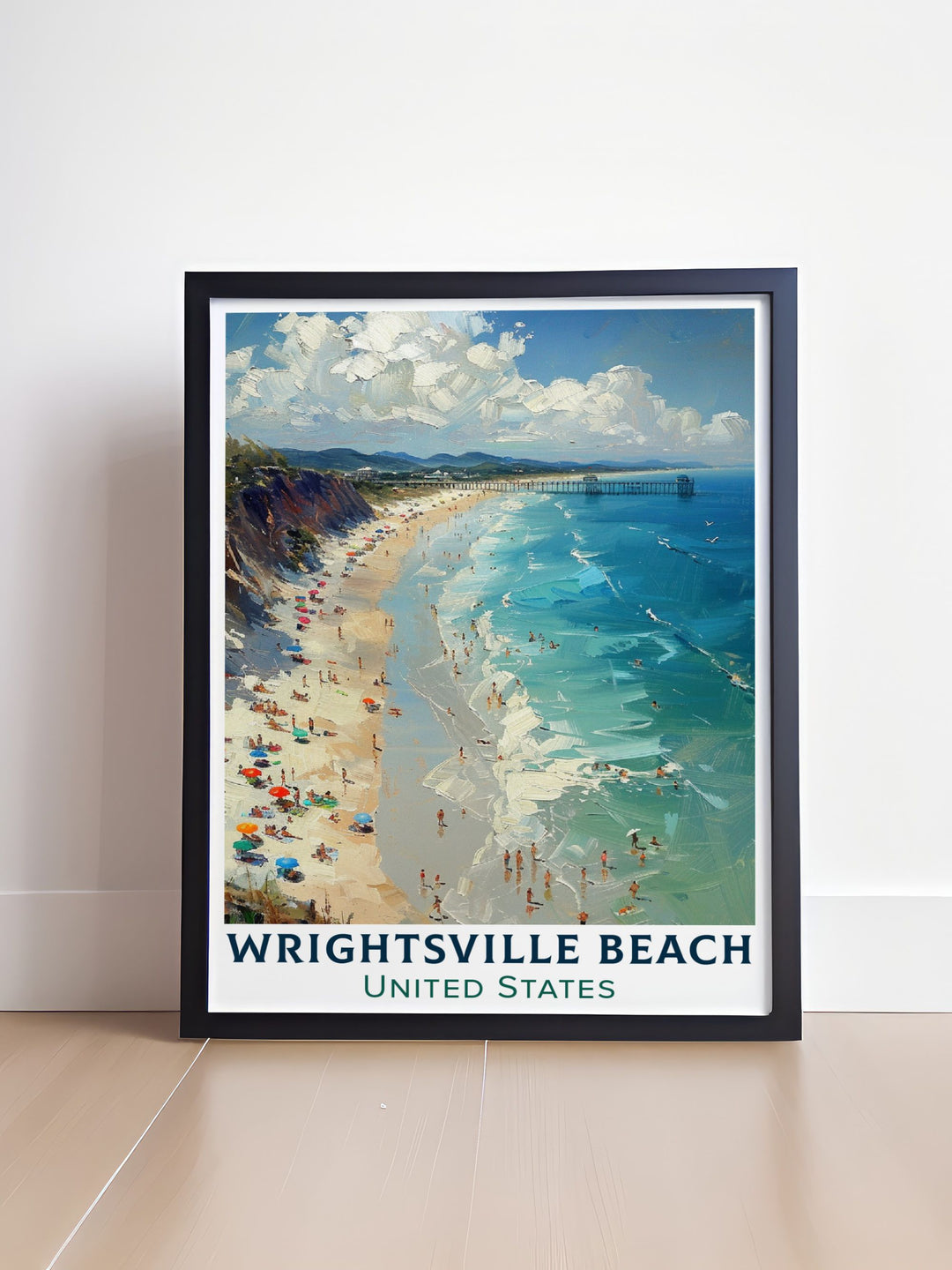 Beautiful home decor print showcasing the lively spirit of Wrightsville Beach community. This artwork brings to life the towns bustling markets, charming shops, and exquisite dining experiences, offering a perfect blend of Southern charm and modern amenities for your living space.