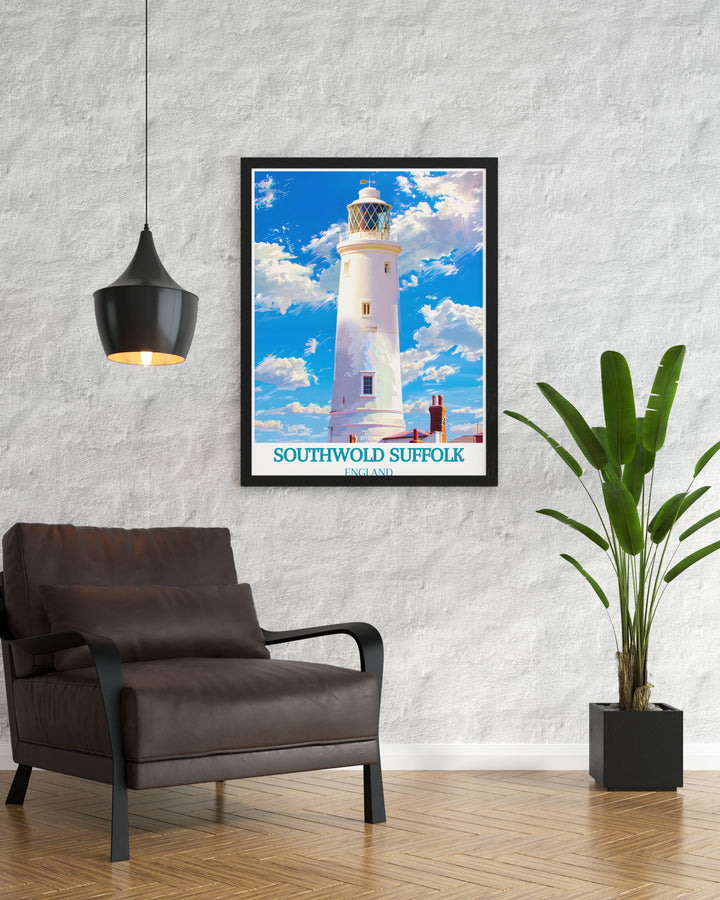 Experience the charm of Southwold with this detailed art print, highlighting the lighthouse and its significance in the towns maritime history.
