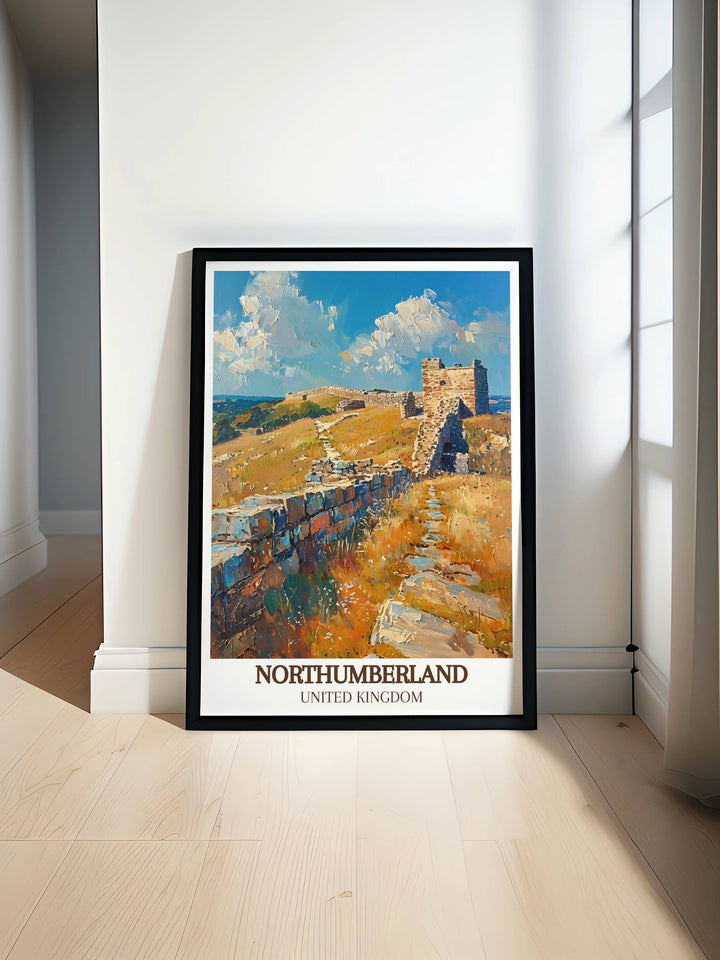 Bamburgh Castle and Hadrians Wall Retro Travel Poster featuring the historical landmarks of Northumberland perfect for adding timeless elegance to your living space or as a unique gift for art and history enthusiasts