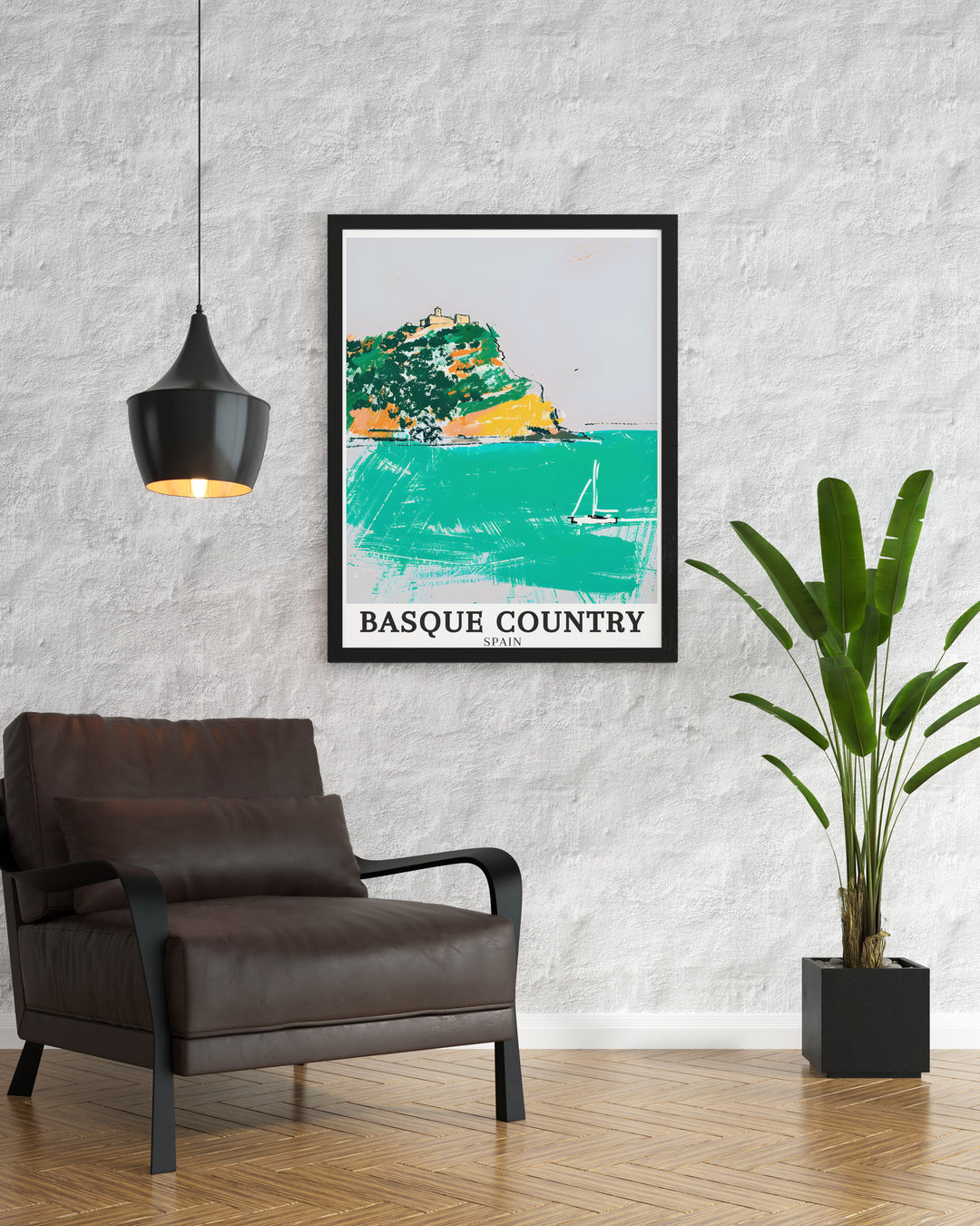 A vintage style travel poster of the Basque Country, featuring the dramatic pathway to Gaztelugatxe Hermitage. This piece celebrates the rugged landscape of Spains northern coast and makes a thoughtful gift for those who appreciate art and travel.