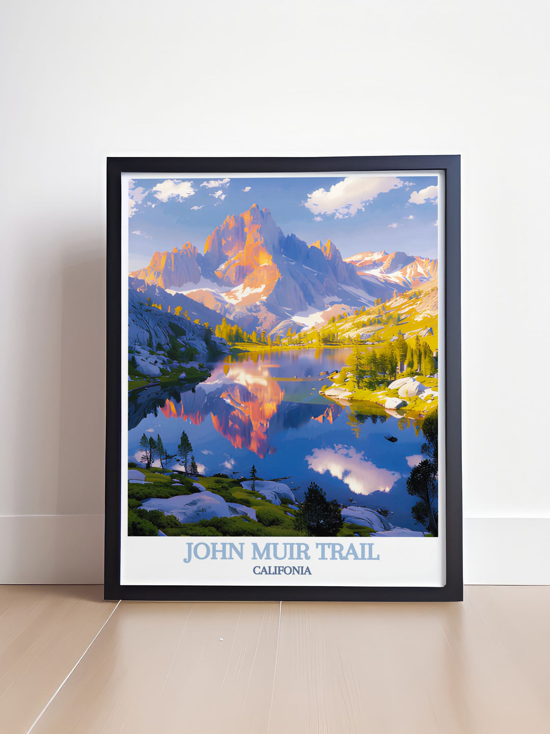 Reveal the majestic wilderness of the John Muir Trail, known for its towering peaks, alpine lakes, and lush meadows. Perfect for hikers and nature lovers, this artwork captures the rugged beauty of the Sierra Nevada.