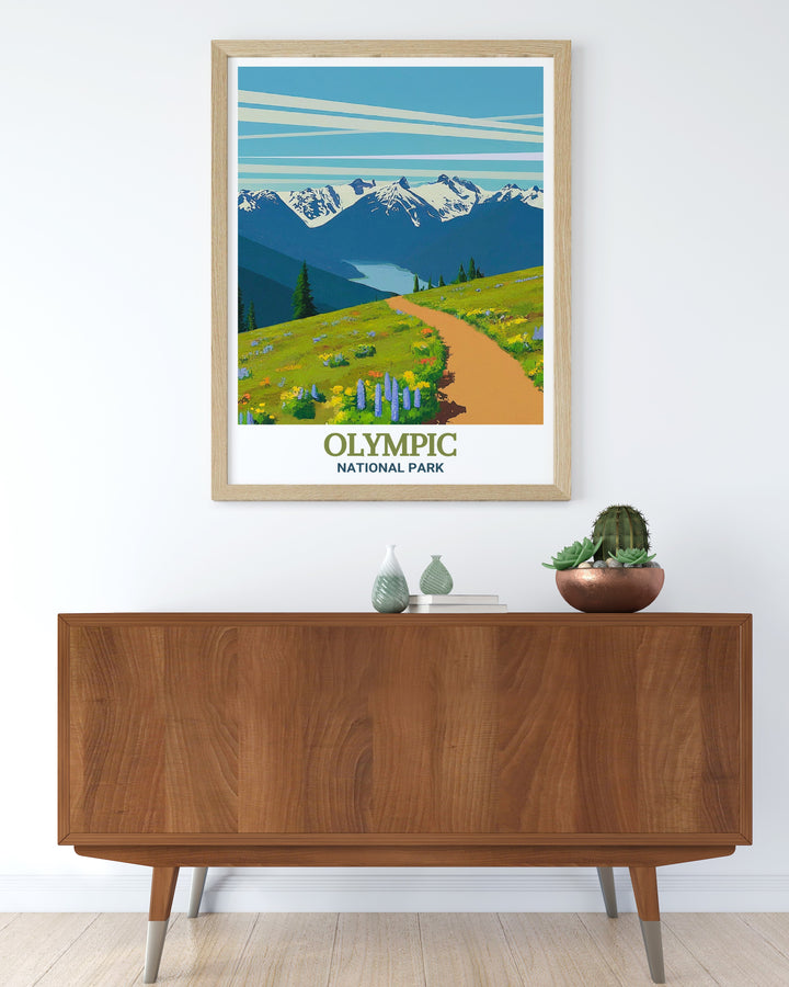 Experience the stunning vistas of Hurricane Ridge with this elegant art print, featuring the rolling mountains and vast skies that define this area of Olympic National Park. The detailed artistry and soothing color scheme create a tranquil ambiance, perfect for any nature lovers home.