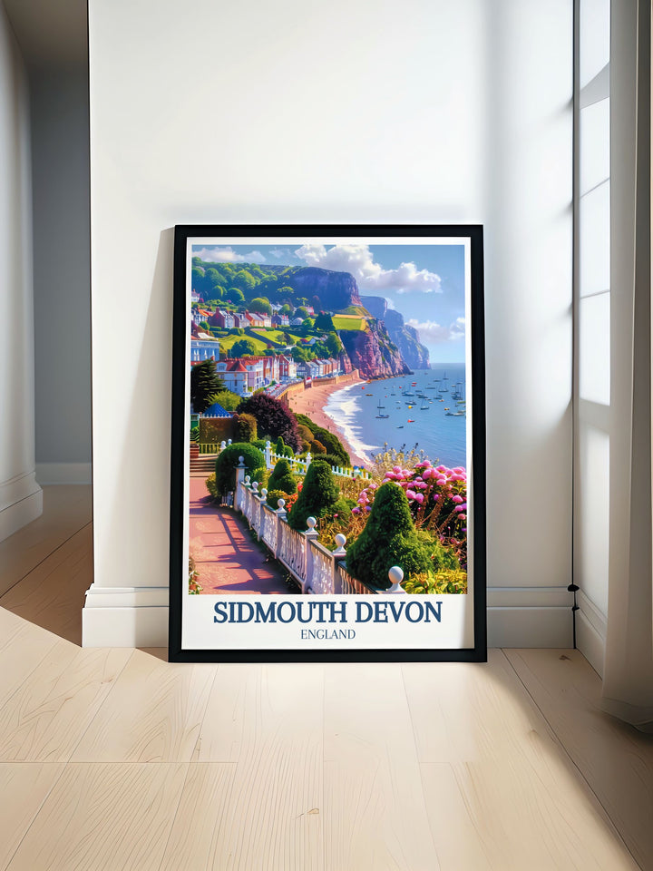 Bring the beauty of the Jurassic Coast into your home with this Sidmouth Devon travel print. Featuring the Esplanade, this poster showcases the stunning coastal scenery of one of Devons most beloved seaside towns, making it perfect for art lovers and travelers alike.