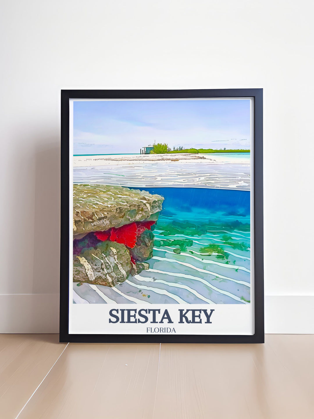 Beautiful Siesta Key modern print depicting Point of Rocks Siesta Beach with a focus on the soft white sands and clear blue waters ideal for elegant home decor.