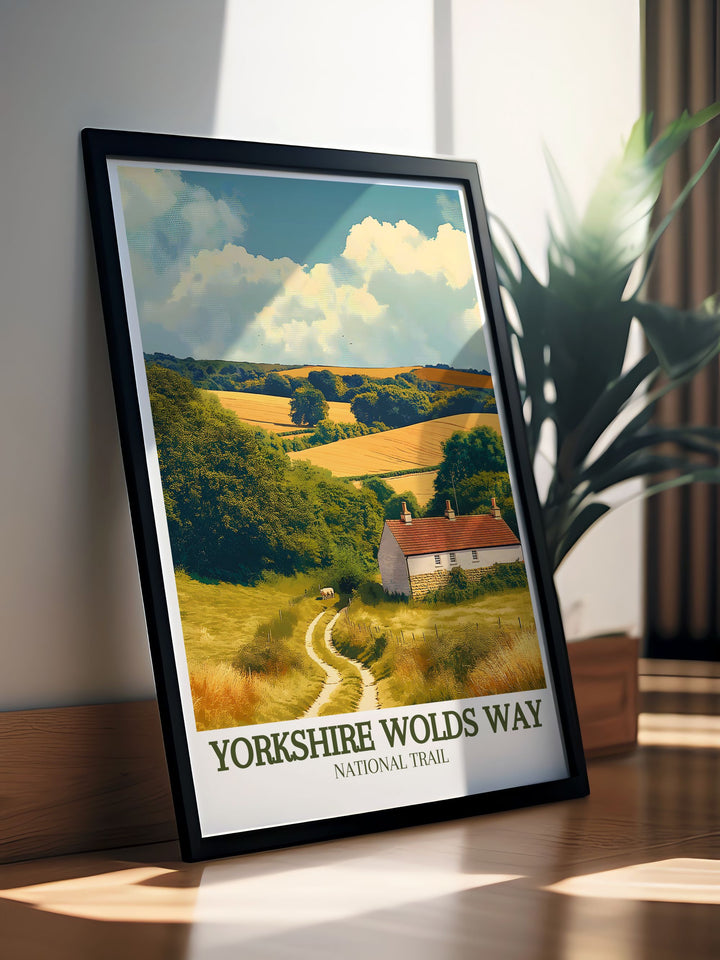 Modern wall decor featuring the picturesque landscapes of the Yorkshire Wolds Way. The detailed illustration highlights the trails rolling hills, vibrant meadows, and peaceful paths, bringing a contemporary touch of natural beauty to your living space, ideal for nature enthusiasts.