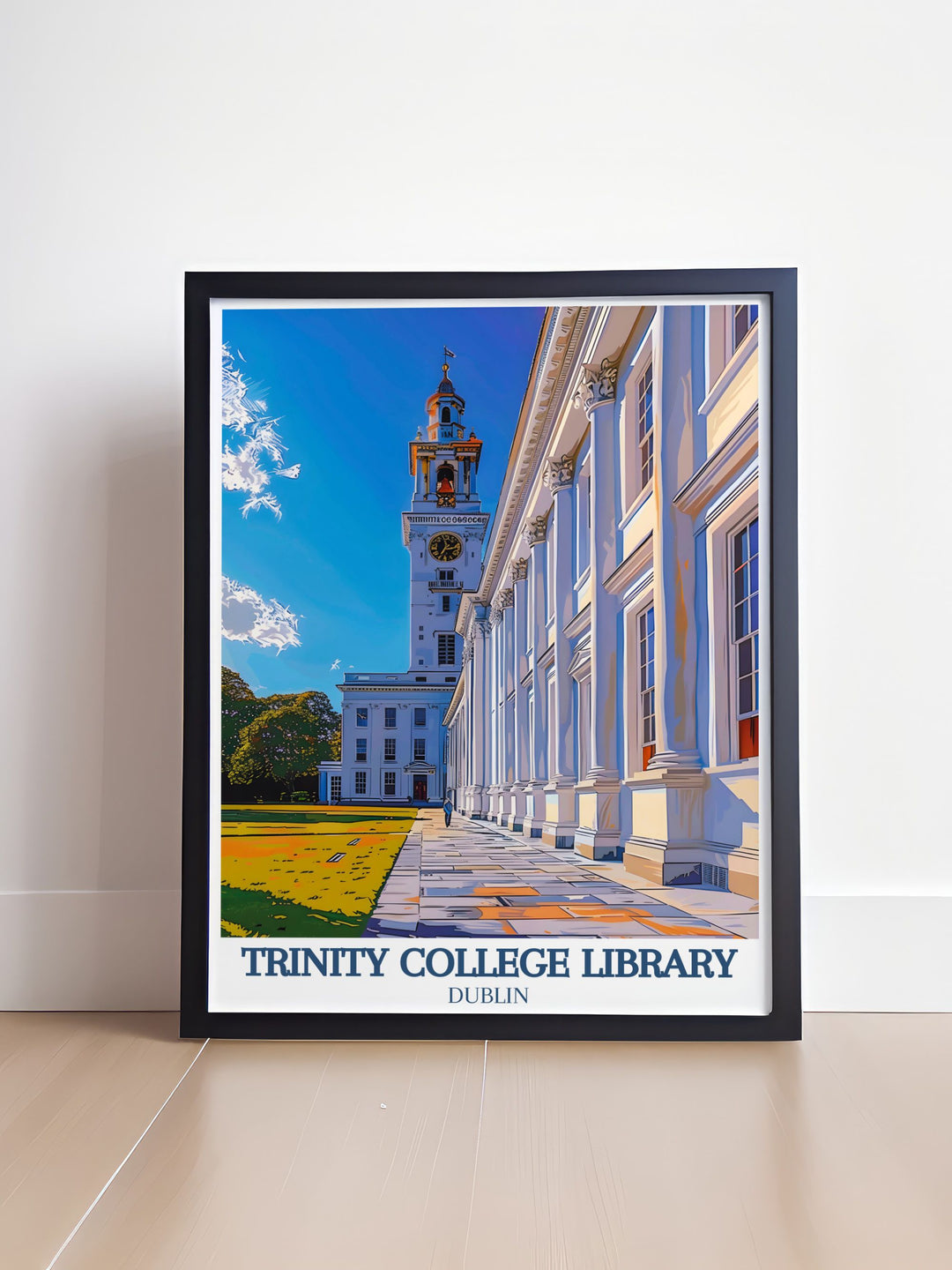 Elegant framed print of Trinity College Dublin with the Campanile bell tower perfect for adding a touch of sophistication to your home decor