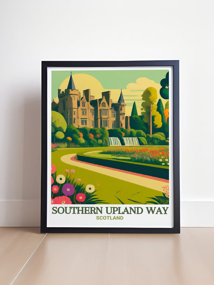 Southern Upland Way hiking poster depicting the serene beauty and diverse landscapes of this long distance trail. This print celebrates the natural wonders and tranquil scenery, making it a perfect addition to your collection of scenic European landscapes.