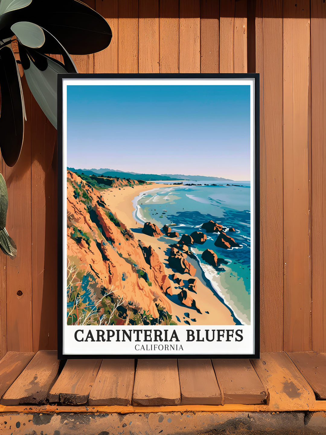 Carpinteria Bluffs Nature Preserve and Carpinteria are depicted in this stunning California travel art print perfect for enhancing any living room or office space with decor that celebrates the serene beauty of Californias coastal regions