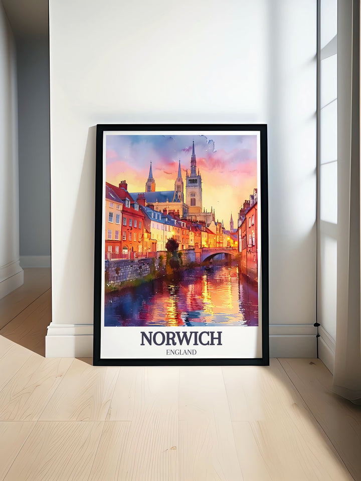 Blakeney Norfolk art print showcasing the beautiful Blakeney Harbour perfect for elegant home decor includes stunning River Wensum Tudor buildings and The Norwich Cathedral elements ideal for modern and vintage travel print collections.