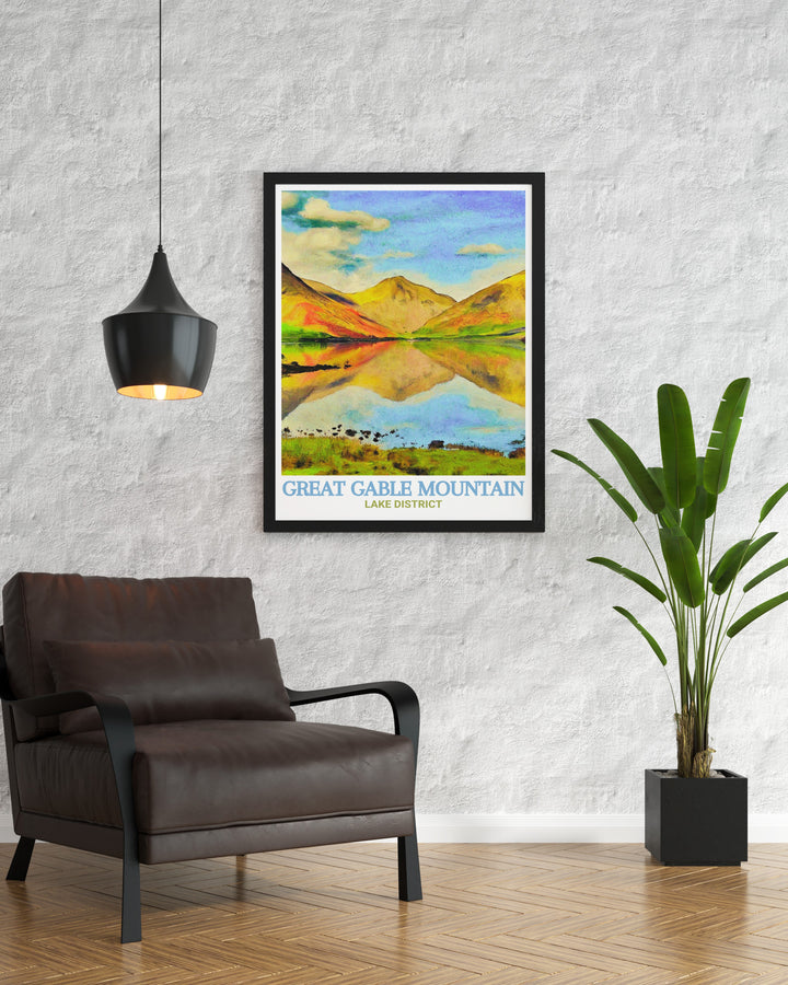 This Great Gable poster print beautifully captures the dramatic landscape of one of the most iconic mountains in the Lake District. With its towering peaks and vast open spaces, the artwork brings the beauty of Cumbrias rugged terrain into your home. Ideal for nature lovers, this print offers a glimpse into the adventure and serenity that Great Gable provides to its visitors.