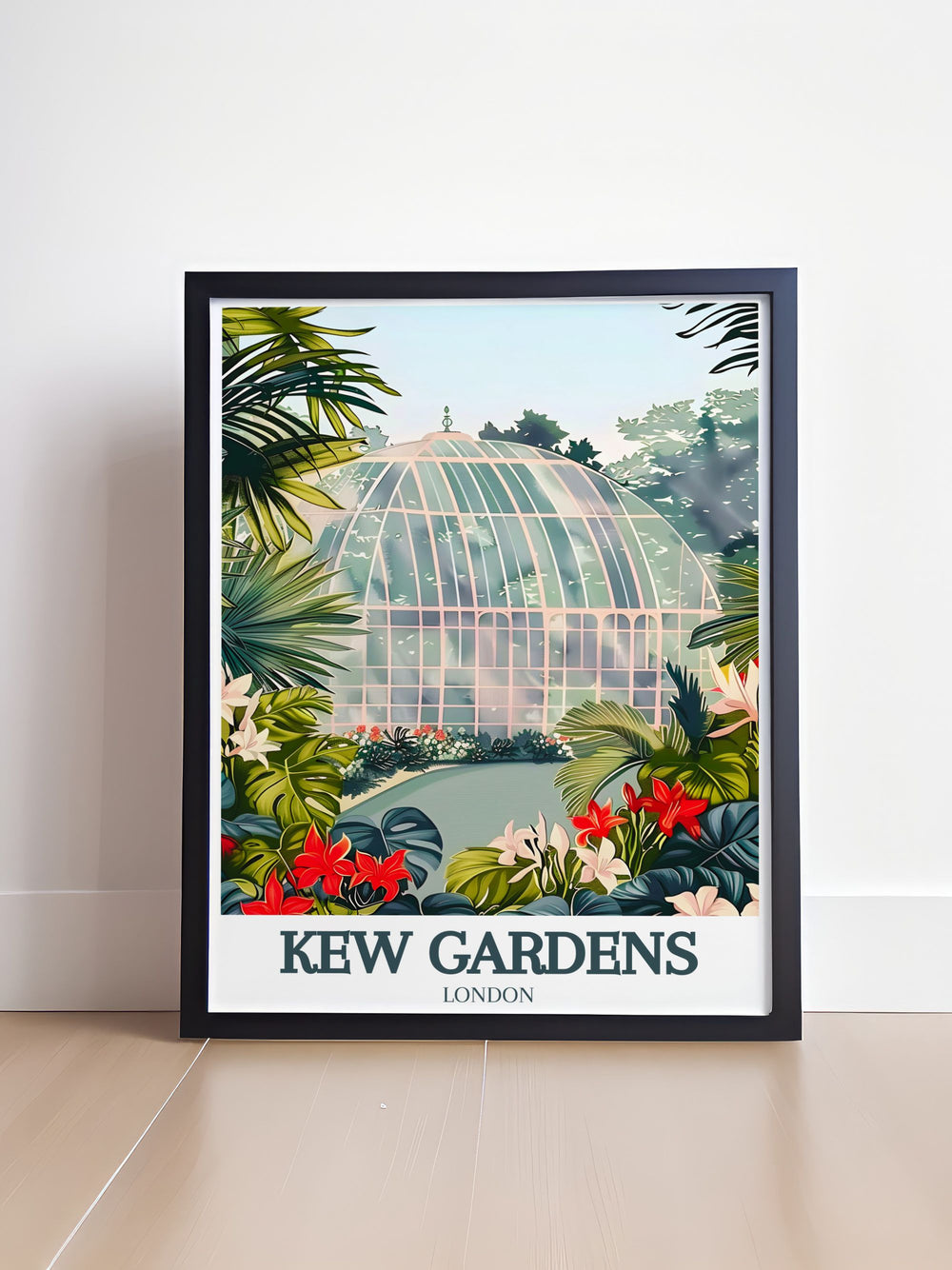 The Waterlily House Wall Poster showcases the delicate beauty of Kew Gardens in a black and white style, highlighting both the architectural elegance of the house and the lush Royal Botanic Gardens. This artwork adds a peaceful and serene atmosphere to any room.