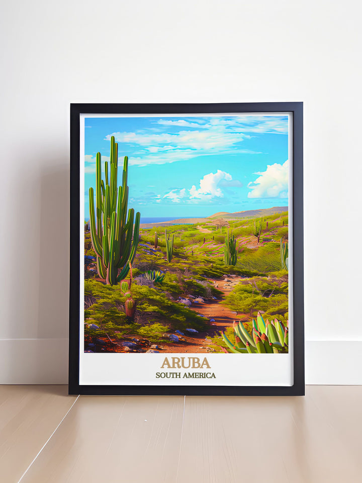Colorful art print of Arikok National Park in Aruba capturing the lush greenery and azure skies in vivid detail perfect for adding a splash of color and life to your walls and creating an inviting and lively environment in your home