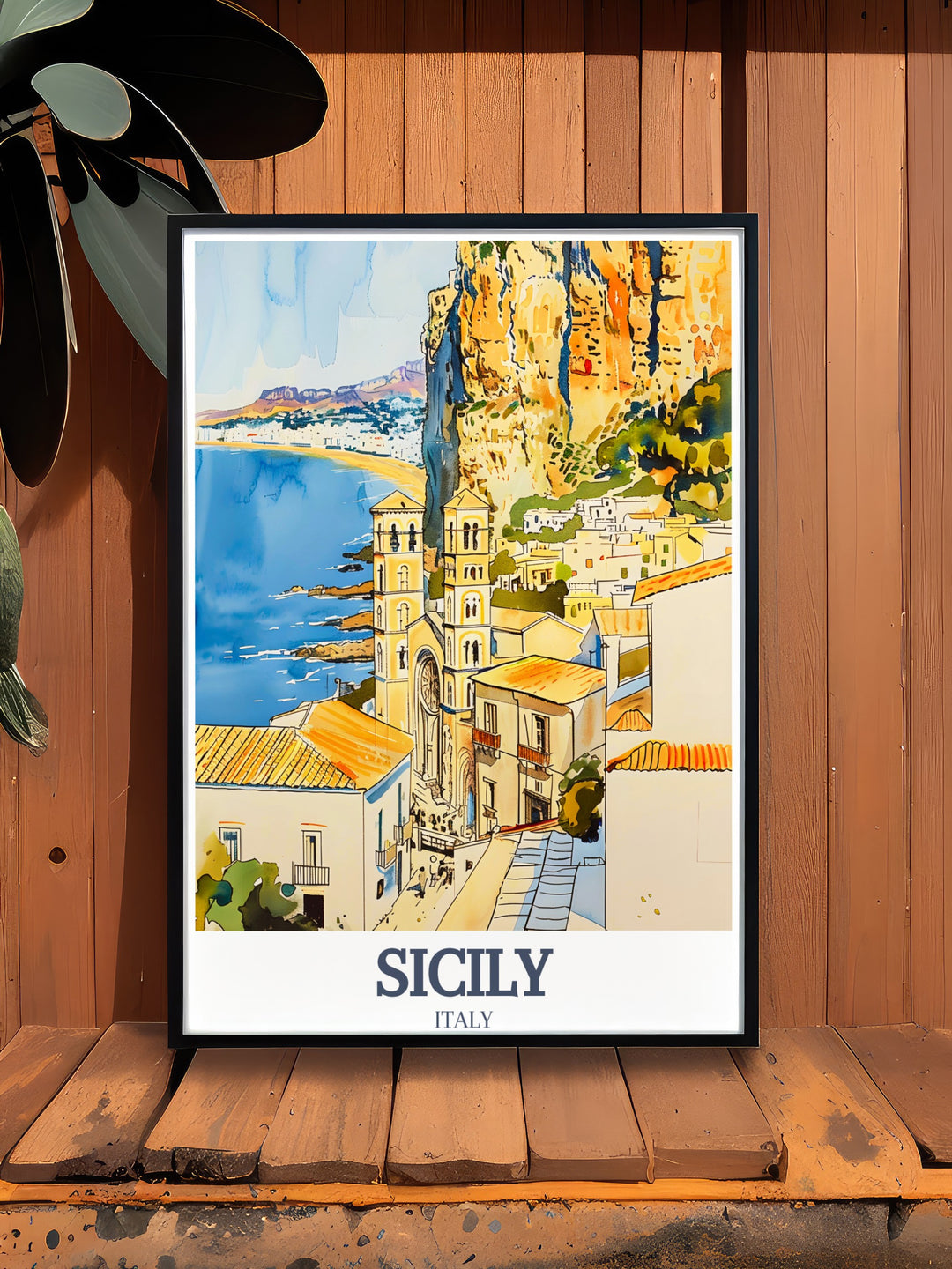 Explore the vibrant charm of Sicily with this Cefalù travel print. The poster highlights the beautiful coastal town with La Rocca towering above, showcasing the intricate architecture and Mediterranean scenery. Perfect for lovers of Italian culture and travel enthusiasts.