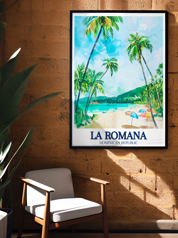 Travel poster capturing the vibrant landscapes of La Romanas Bayahibe Beach and the Dominican Republic National Park. Perfect for anyone looking to bring a slice of Caribbean paradise into their home.