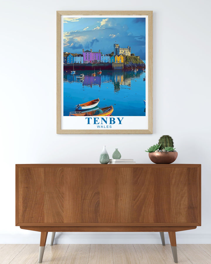 Stunning Tenby Harbour modern art print featuring the picturesque views of the Pembrokeshire Coast. This retro travel poster makes a timeless addition to your home and is perfect for anyone who appreciates vintage travel artwork.