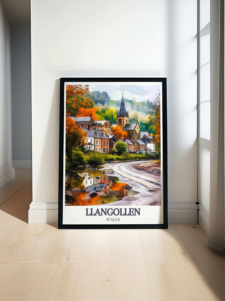 Art print featuring River Dee, Llangollen Canal, and Llangollen Methodist Church, perfect for UK wall decor with vibrant colors and detailed craftsmanship.