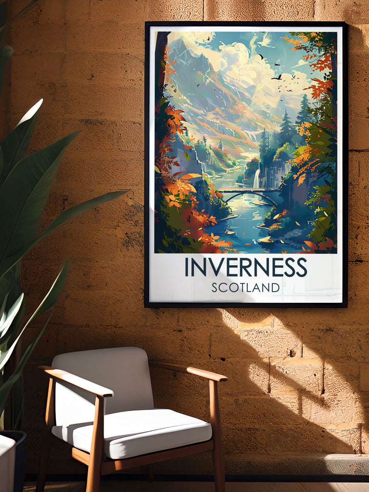 a poster of a river in scotland hangs on a brick wall