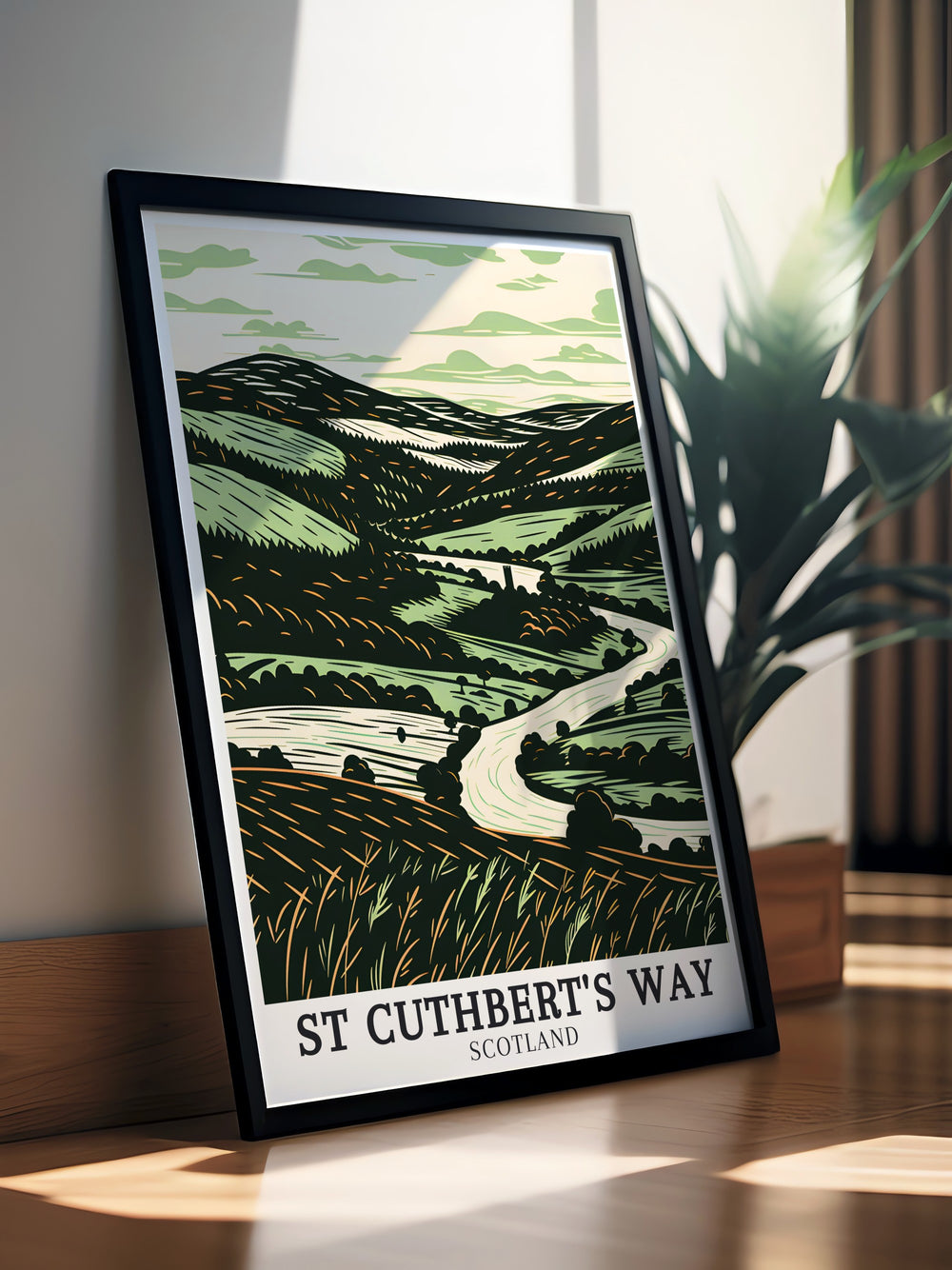 Scenic River Tweed St Boswells and Lindisfarne Castle featured in this National Park poster highlighting the peaceful landscapes of St Cuthberts Way ideal for those looking to bring a piece of Scottish travel art and Northumberland prints into their home decor