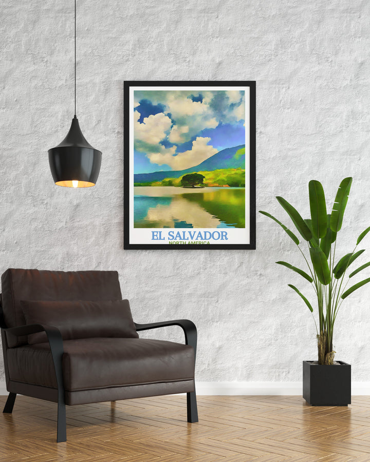 El Salvador art depicting Lake Coatepeque in a modern style a beautiful piece for home decor and art collections capturing the serene atmosphere and vibrant colors of this picturesque lake ideal for travel lovers and art enthusiasts