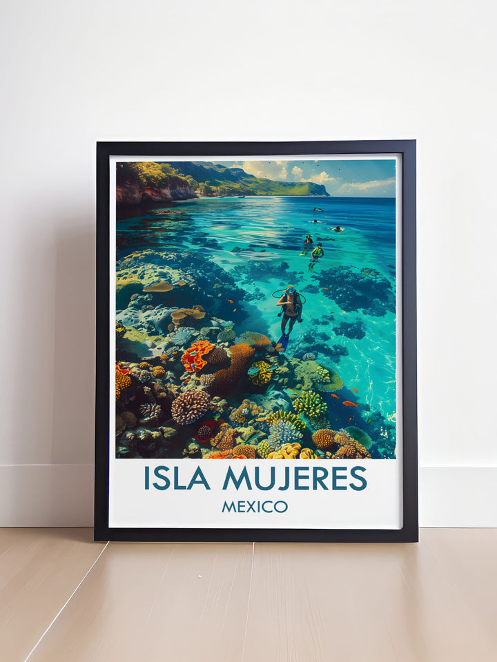 Custom print of Garrafon Natural Reef Park, capturing the parks thrilling zip lines and scenic hiking trails, ideal for those who love outdoor adventures and breathtaking views.