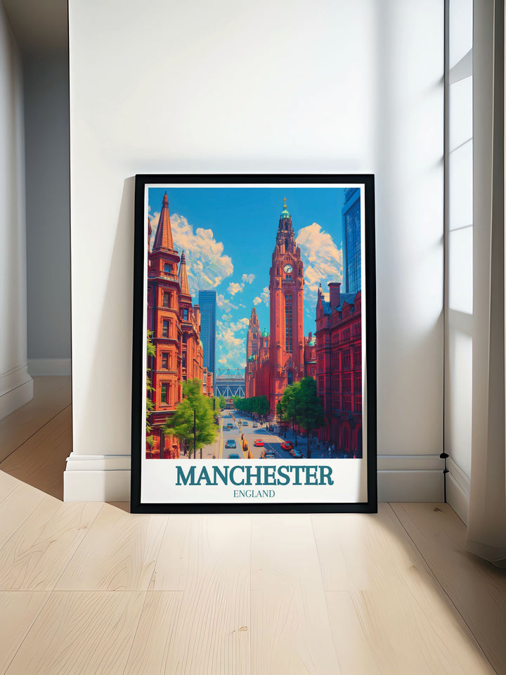 Manchester town hall print showcasing the stunning neo Gothic architecture of the iconic landmark perfect for vintage travel print enthusiasts and those who appreciate Manchesters cultural heritage.