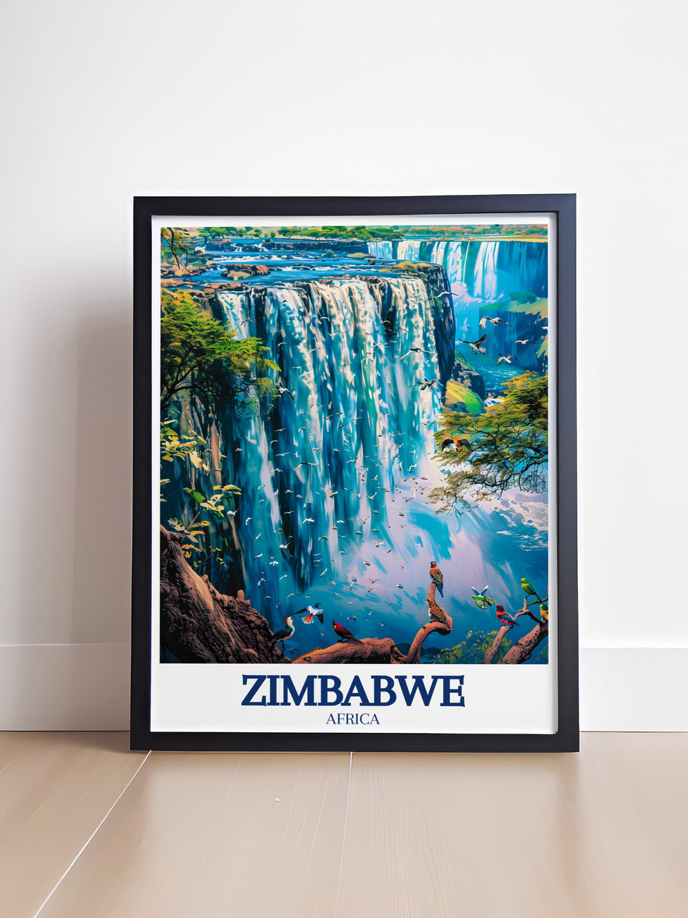 Our vintage style poster features the iconic Victoria Falls and Zimbabwes Eastern Highlands, two of Africas most awe inspiring natural wonders. Ideal for home decor, this artwork adds a unique and elegant touch to any room while showcasing Zimbabwes rich natural heritage.