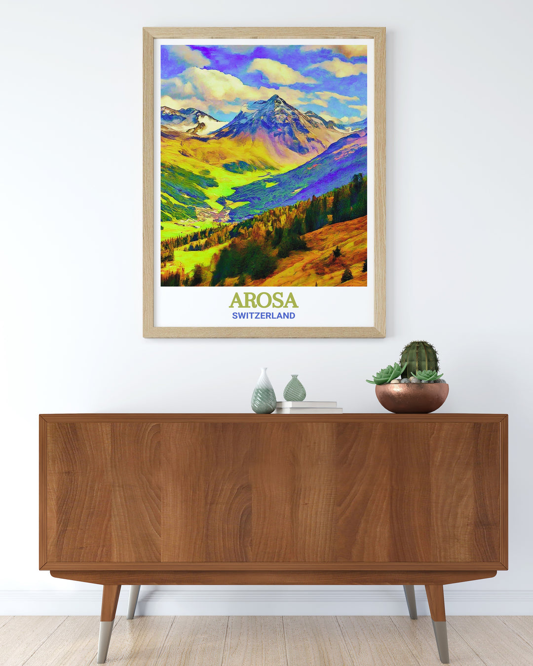 Arosa Travel Poster focusing on the unique blend of winter sports, natural beauty, and serene landscapes in Arosa, Switzerland. This custom print captures the essence of the Alps, making it a standout addition to any travel themed wall decor