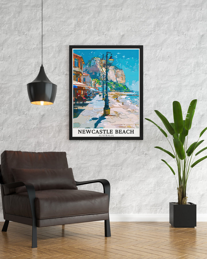 Newcastle Beach Art celebrates the serene beauty of one of Australias most popular beaches. The artwork highlights the expansive sandy shores and crystal clear waters, offering a peaceful retreat for beach lovers. This print is perfect for those who want to bring a bit of Newcastles coastal charm into their home decor.