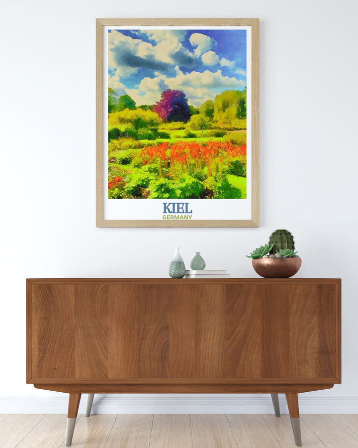 This Kiel poster print showcases the lush greenery of the Botanical Garden Kiel, set against the backdrop of Germanys vibrant natural beauty. Perfect for nature lovers and travel enthusiasts alike, this travel print brings the serene landscapes of Kiel into your home.