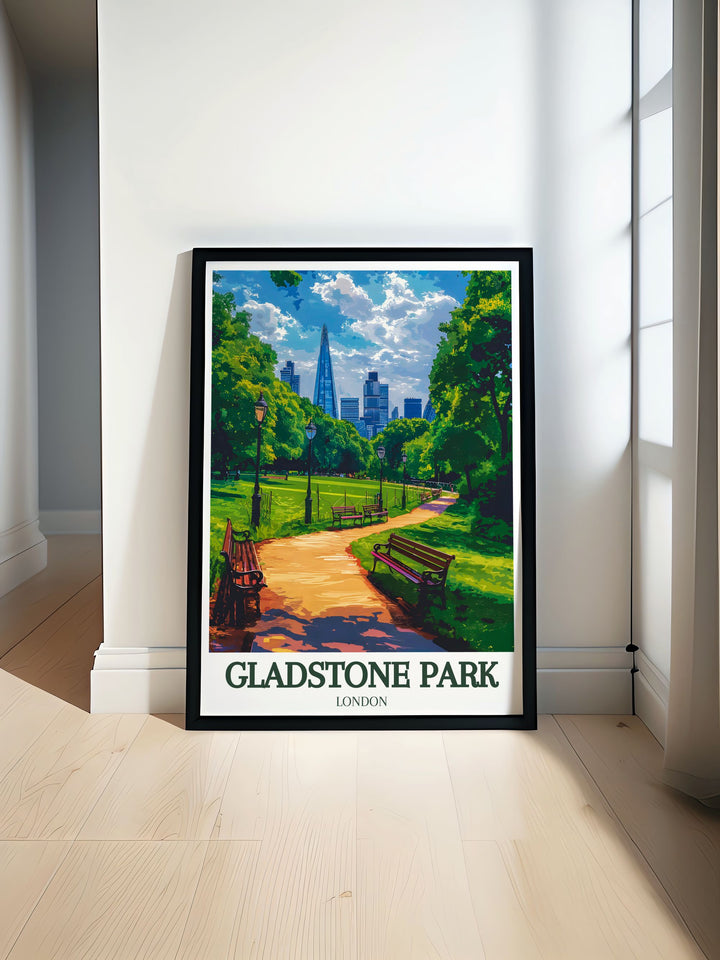 Custom print of Gladstone Park, showcasing serene beauty and historic charm, perfect for those who appreciate tranquility and scenic landscapes of Londons green spaces.