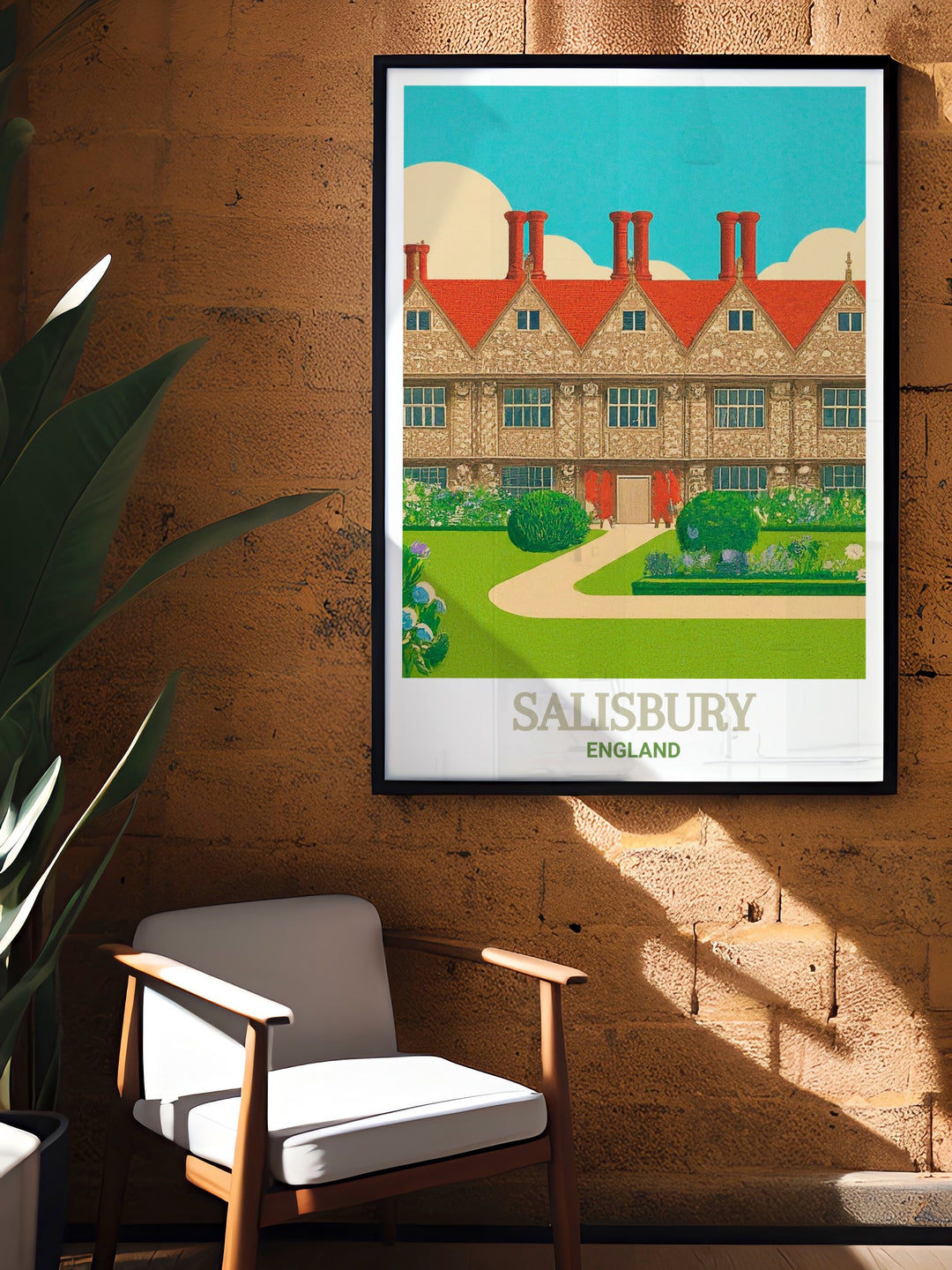 Detailed travel poster of Salisbury, England, offering a glimpse into the rich history and architectural beauty of Mompesson House. Perfect for those who appreciate the serenity of English landmarks.