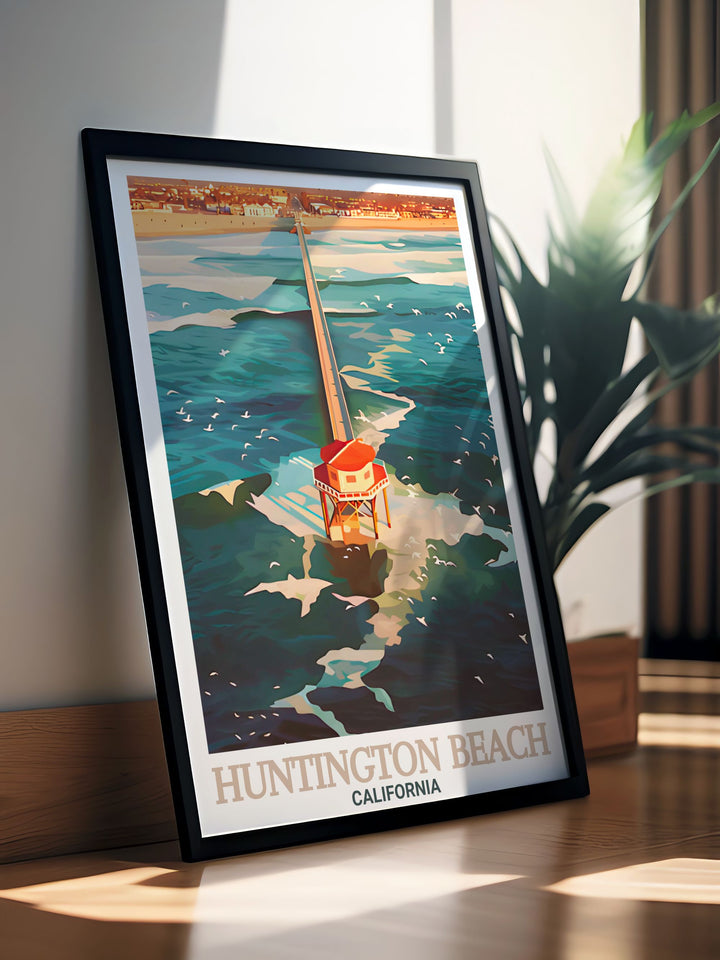 This travel poster of Huntington Beach Pier brings a slice of Californias coastal beauty into your home. Its vibrant colors and serene ocean scene make it ideal for beach lovers and those who dream of the Pacific Coast.