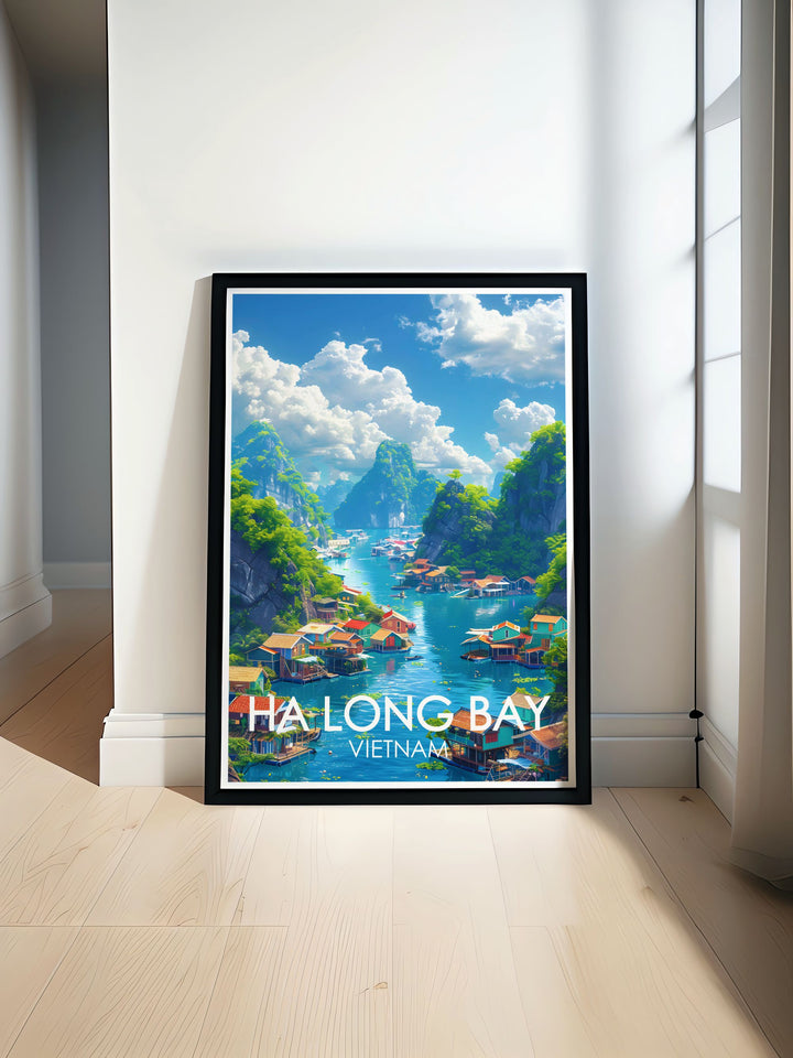Showcasing the tranquil beauty of Ha Long Bay, this travel poster captures the harmonious blend of nature and traditional Vietnamese culture, bringing a piece of its wonder into your home.