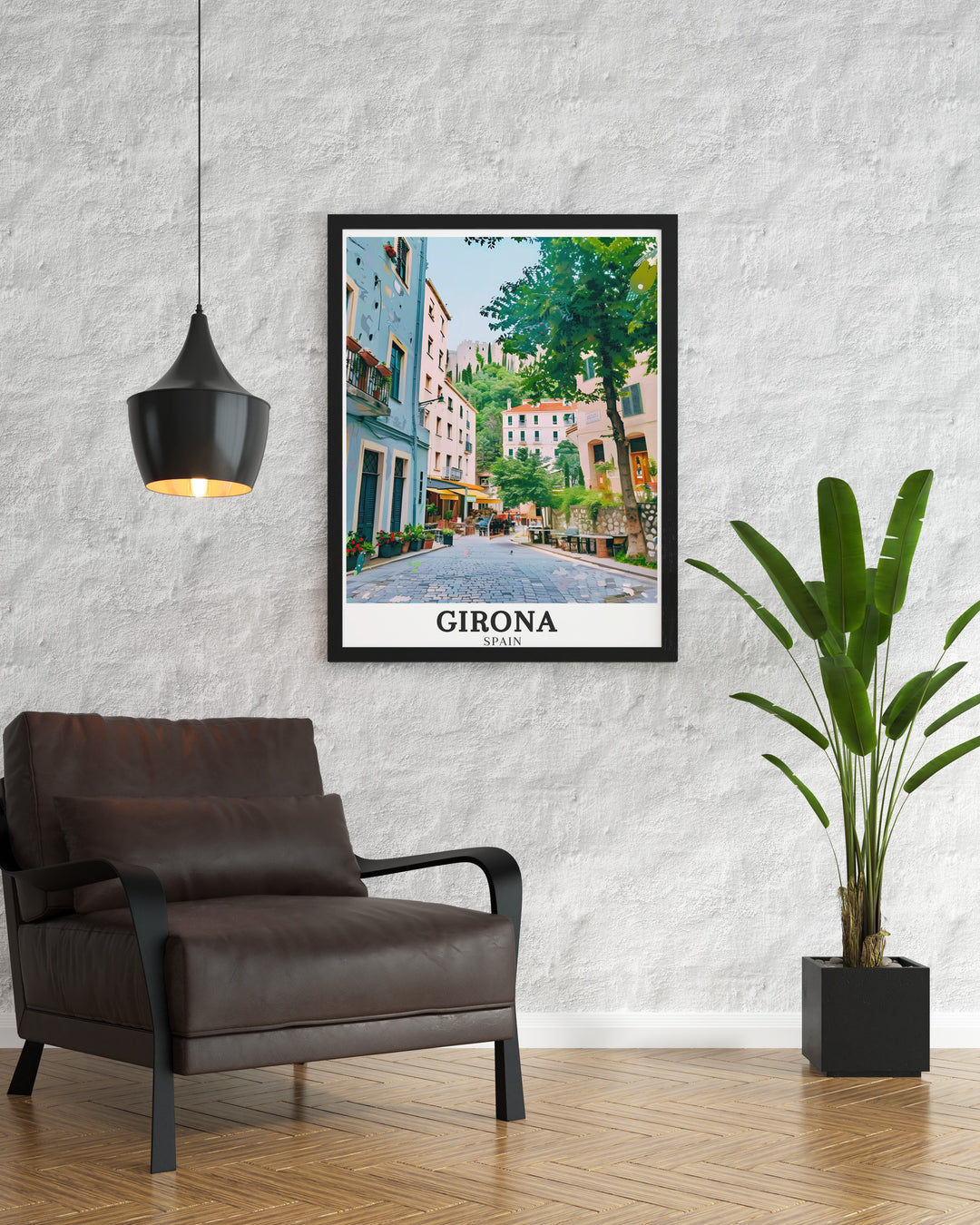 Elegant Girona travel gift featuring a detailed print of the Old Town in Girona, Catalonia. This Spain wall art captures the historic elegance and cultural depth of Barri Vell, perfect for adding a touch of Spanish charm to any room