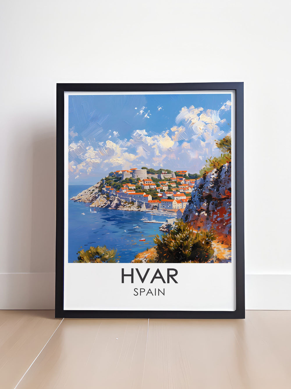 Home decor featuring the vibrant Hvar Harbor, showcasing sleek yachts, traditional fishing boats, and charming waterfront cafes. The picturesque setting, with turquoise waters and a lively atmosphere, makes this print a delightful reminder of Croatias coastal charm.