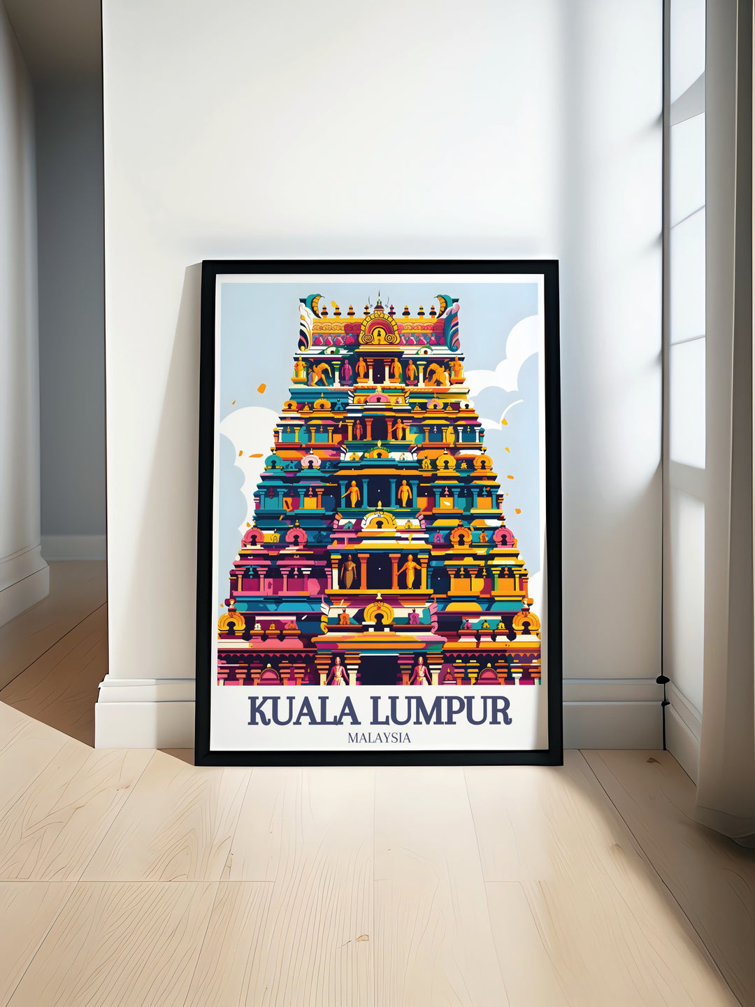 Sri Maha Mariamman Temple and Jalan Bandar framed art showcasing the spiritual and architectural highlights of Kuala Lumpur. This canvas art brings together the citys religious significance and its modern cityscape, perfect for adding a touch of cultural elegance to your home.