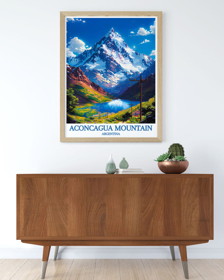 Add a touch of adventure to your decor with this retro travel poster of Aconcagua Mountain in Mendoza Argentina featuring the stunning Andes Mountain Range.