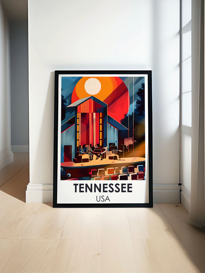 Ryman Auditorium Country Music Art featuring the iconic Nashville Tennessee venue with vibrant colors and intricate details. Perfect for fans of The Grand Ole Opry this Nashville poster is an excellent addition to any home decor and country music collection.