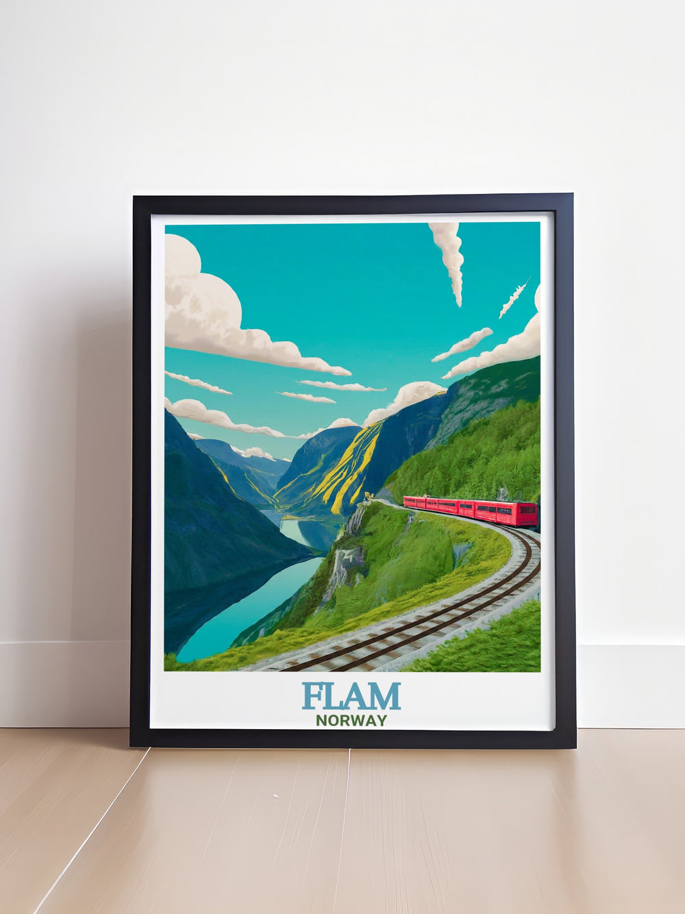 Flåmsbana art print showcases the thrilling journey of one of Norways steepest railways, surrounded by majestic mountains and cascading waterfalls. This framed art piece brings the essence of Norways natural beauty into any living space.