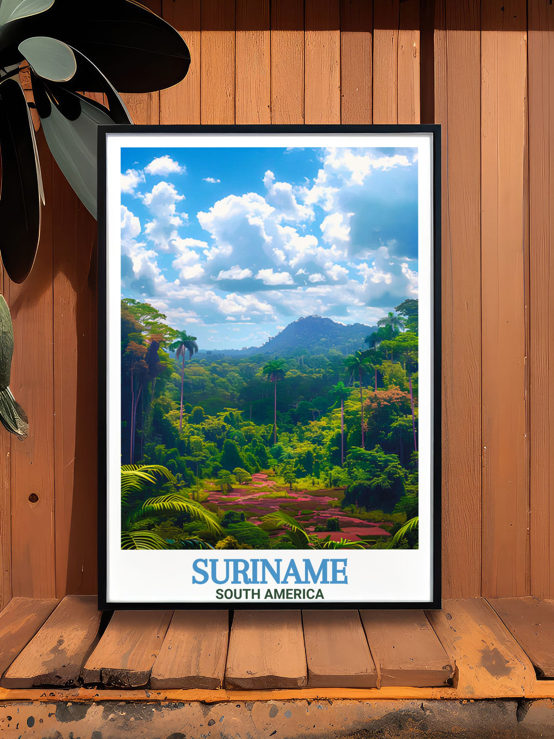 Travel Poster Print of Suriname with a focus on the vibrant city of Paramaribo and the tranquil Central Suriname Nature Reserve. Elegant and sophisticated wall art for your home.