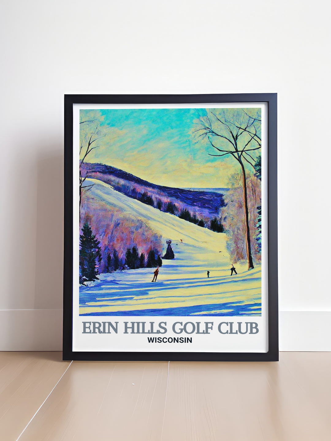 Bring the beauty of Erin, Wisconsin into your home with this travel poster featuring Erin Hills Golf Club and Little Switzerland Ski Area. The artwork highlights the best of both worlds, ideal for anyone who loves golf and skiing.