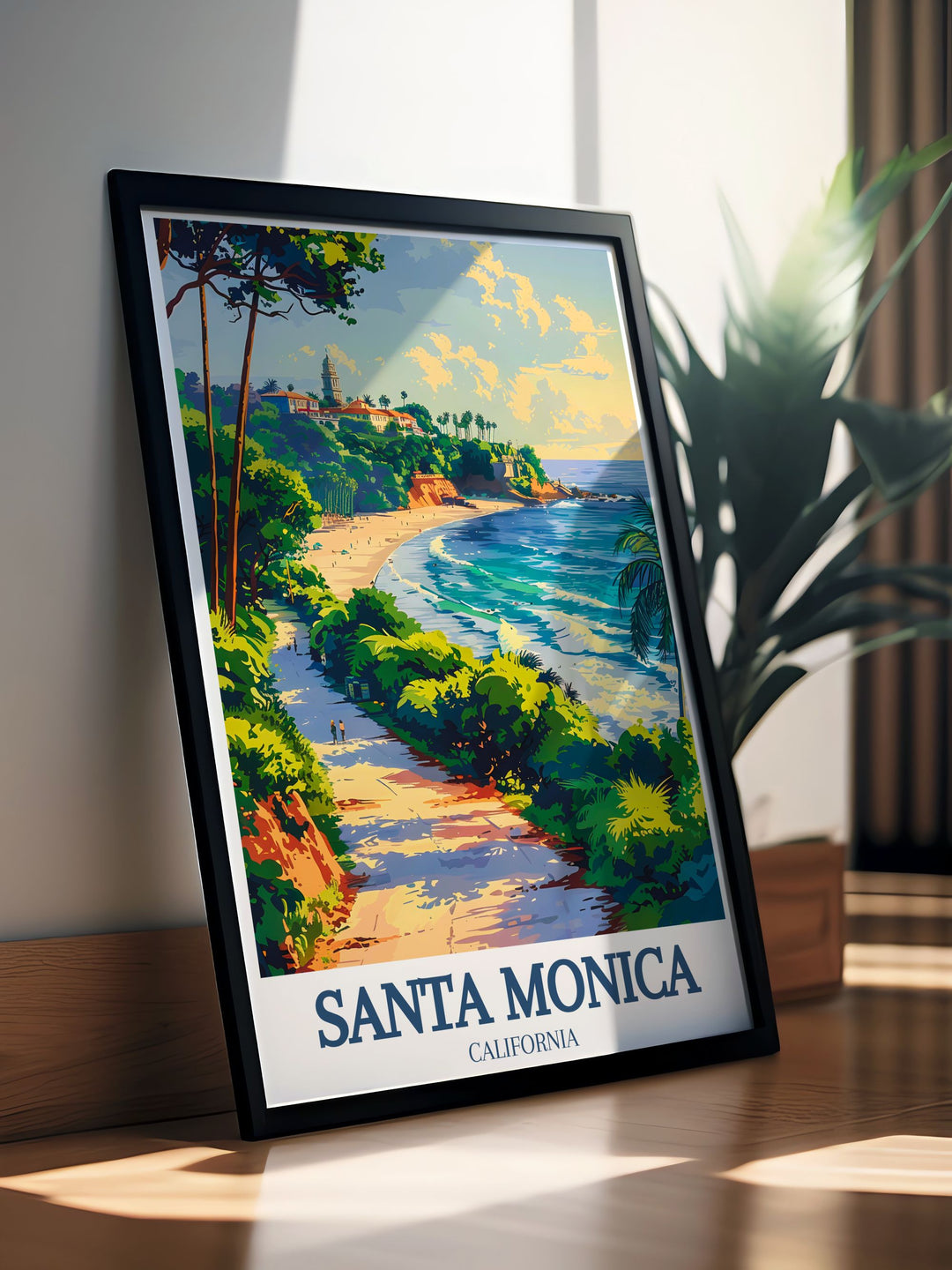 Travel poster of Ocean Avenue, showcasing its bustling atmosphere, trendy boutiques, and lively dining scene. The detailed artwork captures the essence of this vibrant coastal thoroughfare.