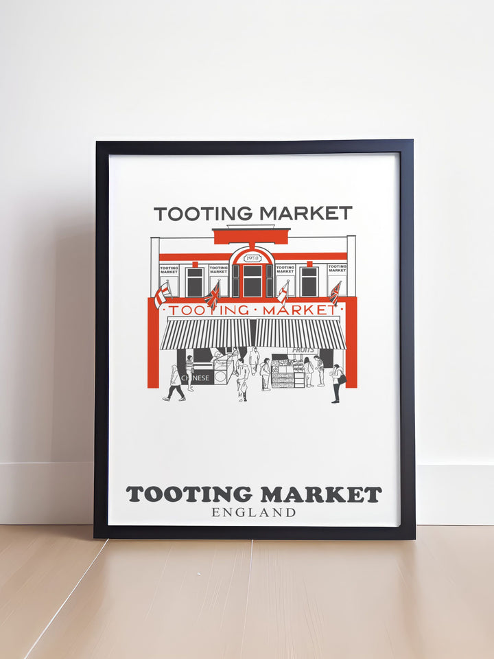 Tooting Market Print capturing the lively spirit of South London ideal for home decor or as thoughtful gifts for those who cherish Londons iconic food markets