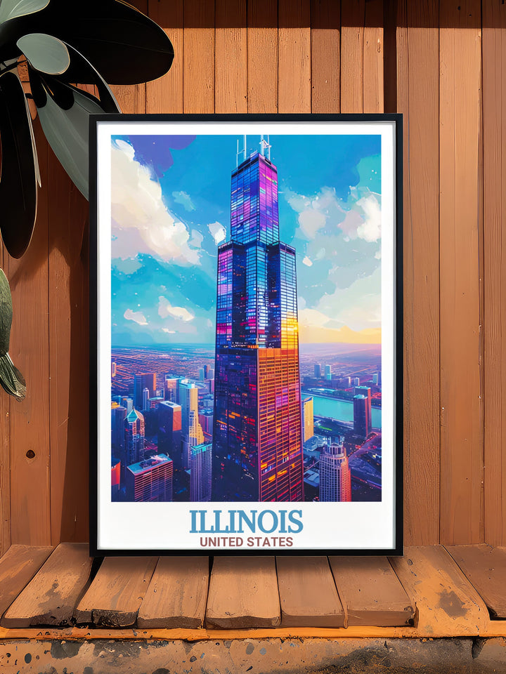 Featuring the towering Willis Tower and the skyline of Chicago, this personalized travel print is perfect for anyone who admires the citys architectural wonders. With a vintage inspired look, it makes for an ideal gift or addition to your personal art collection.