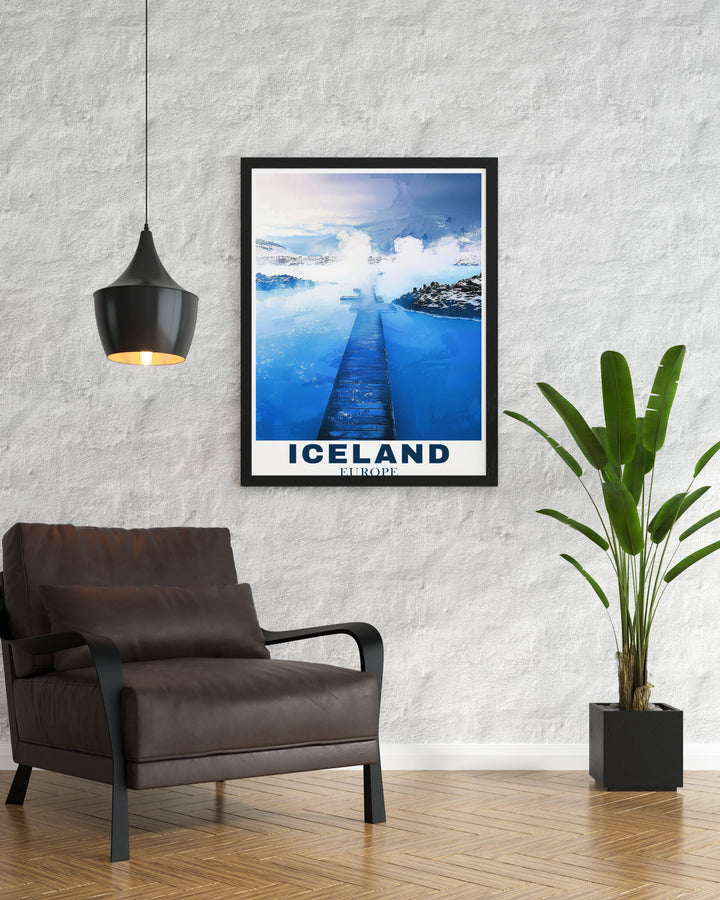 A stunning view of Icelands geothermal landscape, featuring the Great Geysir and its boiling water eruptions, captured in an elegant wall art piece.