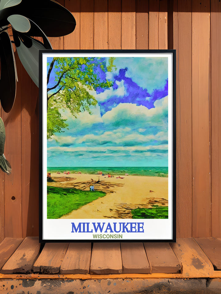 Celebrate Milwaukees vibrant city life and Bradford Beachs natural beauty with this unique travel print. Whether you love the citys architecture or its lakeside views, this canvas art will add a touch of Wisconsin charm to any room.