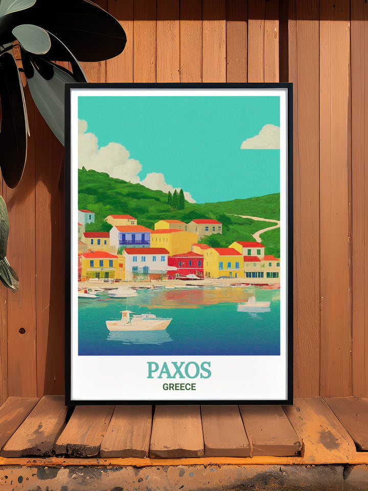 Gaios modern prints capture the tranquility of Paxos with beautiful digital illustration ideal for those seeking Greece island decor that adds a splash of color and sophistication to their living room or office perfect as a travel gift or collectible