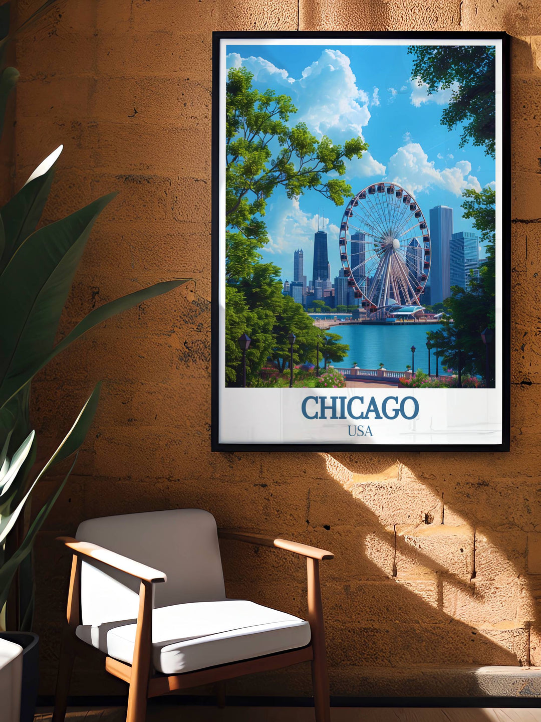 Navy Pier framed print offering a detailed and vibrant depiction of Chicagos iconic destination. This travel print is an excellent addition to any art collection or a thoughtful gift for those who love to travel and explore new places.